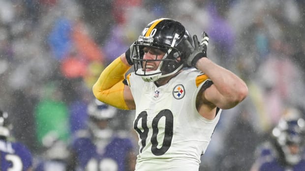 Jan 6, 2024; Baltimore, Maryland, USA; Pittsburgh Steelers linebacker T.J. Watt (90) reacts after sacking Baltimore Ravens quarterback Tyler Huntley (2) in the third quarter at M&T Bank Stadium.
